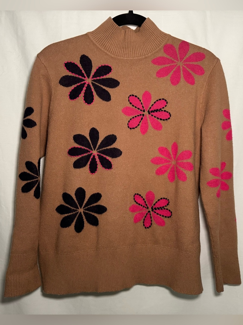 LEO & UGO Paris High-Neck Floral Knit‎ Pullover Sweater - Camel & Pink M